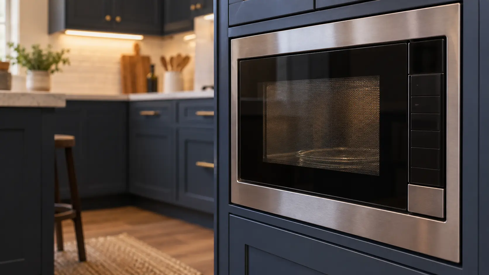 A kitchen with a built-in microwave in a tall cabinet and navy painted cabinets, seen close and low at the microwave's door.