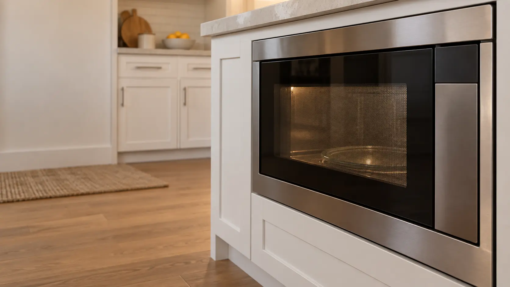 A kitchen island with a microwave drawer and white shaker cabinets, seen close and low at the microwave's door.