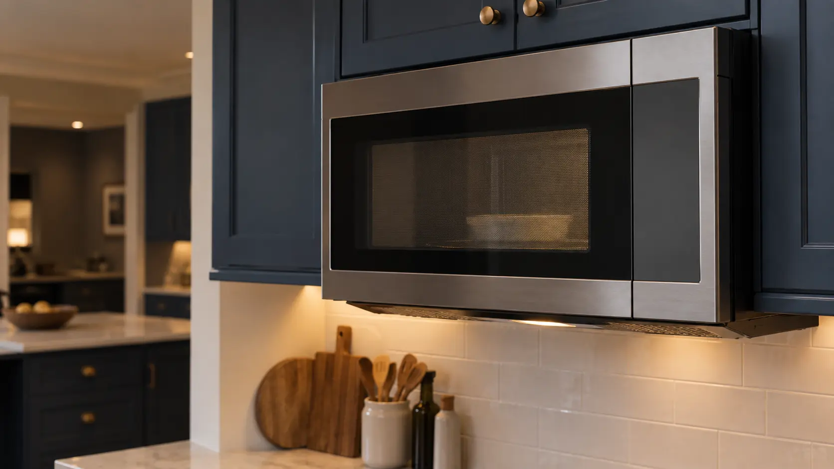 A kitchen with a microwave hood combination under wall cabinets and navy painted cabinets, seen close and low at the microwave's door.