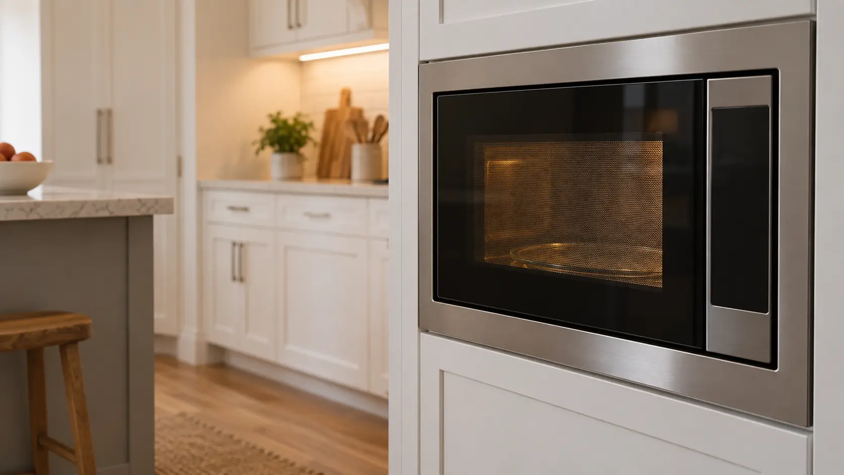 A kitchen with a built-in microwave in a tall cabinet and white shaker cabinets, seen close and low at the microwave's door.