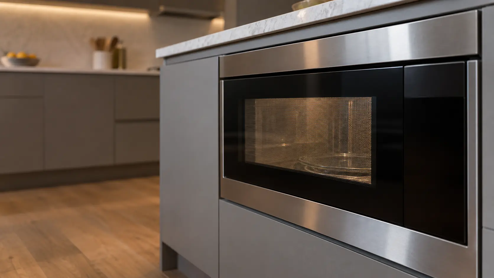 A kitchen island with a microwave drawer and gray slab cabinets, seen close and low at the microwave's door.