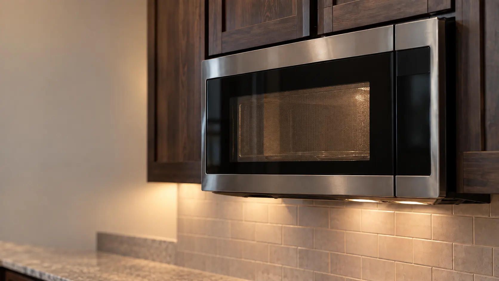 A kitchen with a microwave hood combination under wall cabinets and dark walnut cabinets, seen close and low at the microwave's door.