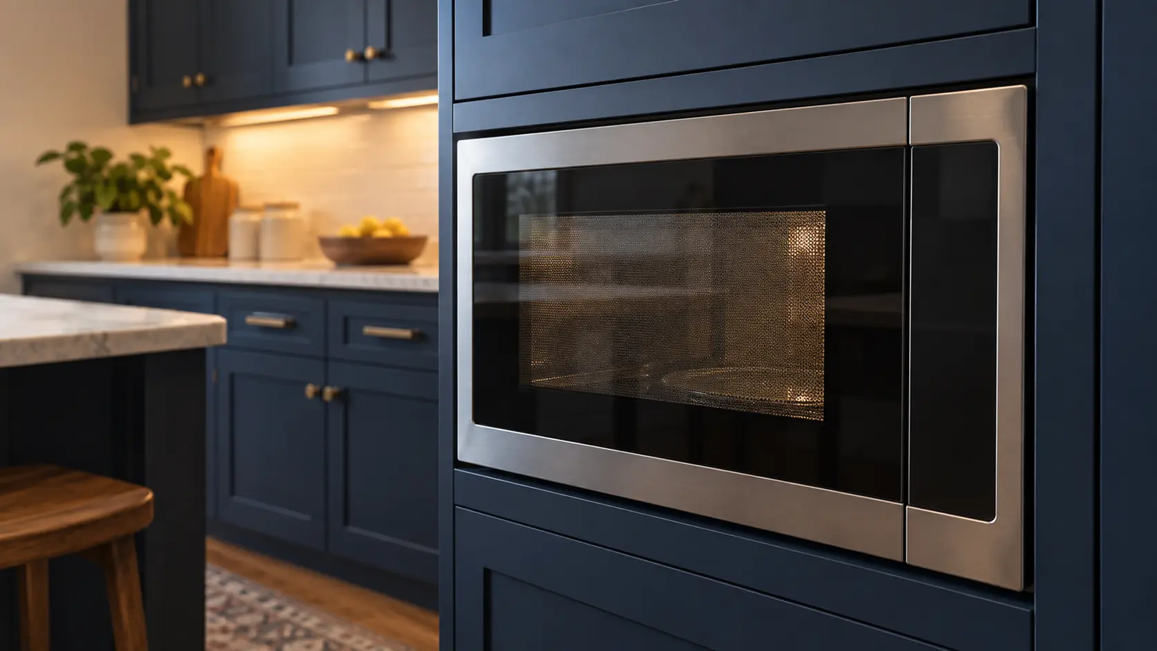 A kitchen with a built-in microwave in a tall cabinet and navy painted cabinets, seen close and low at the microwave's door.