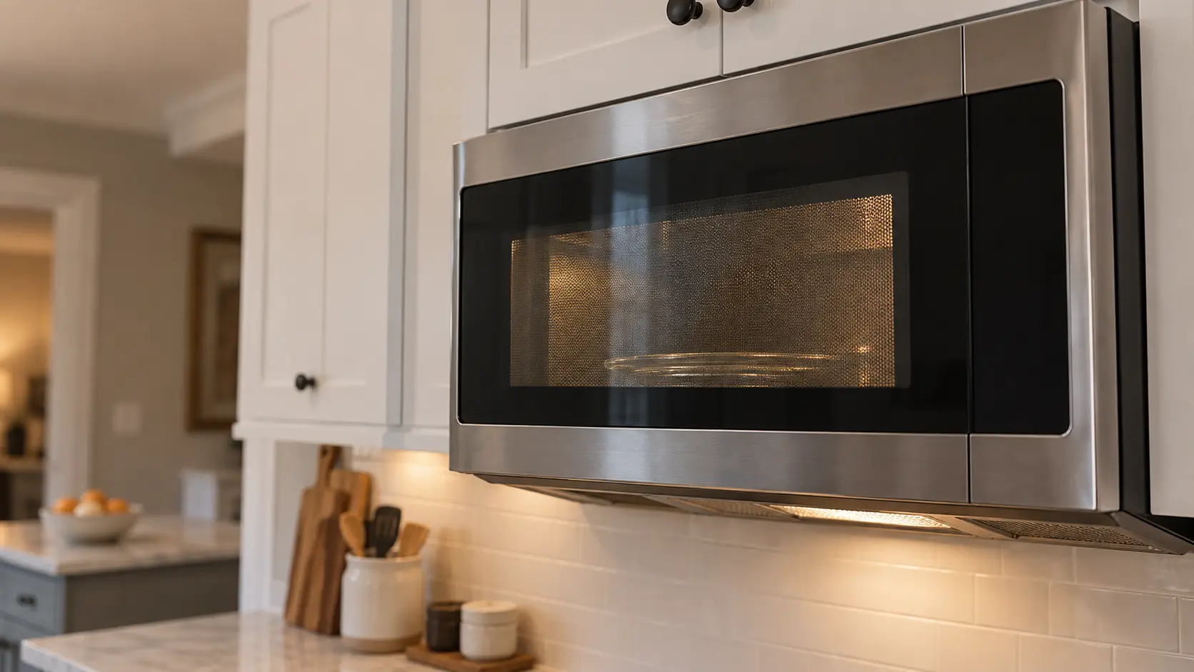 A kitchen with a microwave hood combination under wall cabinets and white shaker cabinets, seen close and low at the microwave's door.