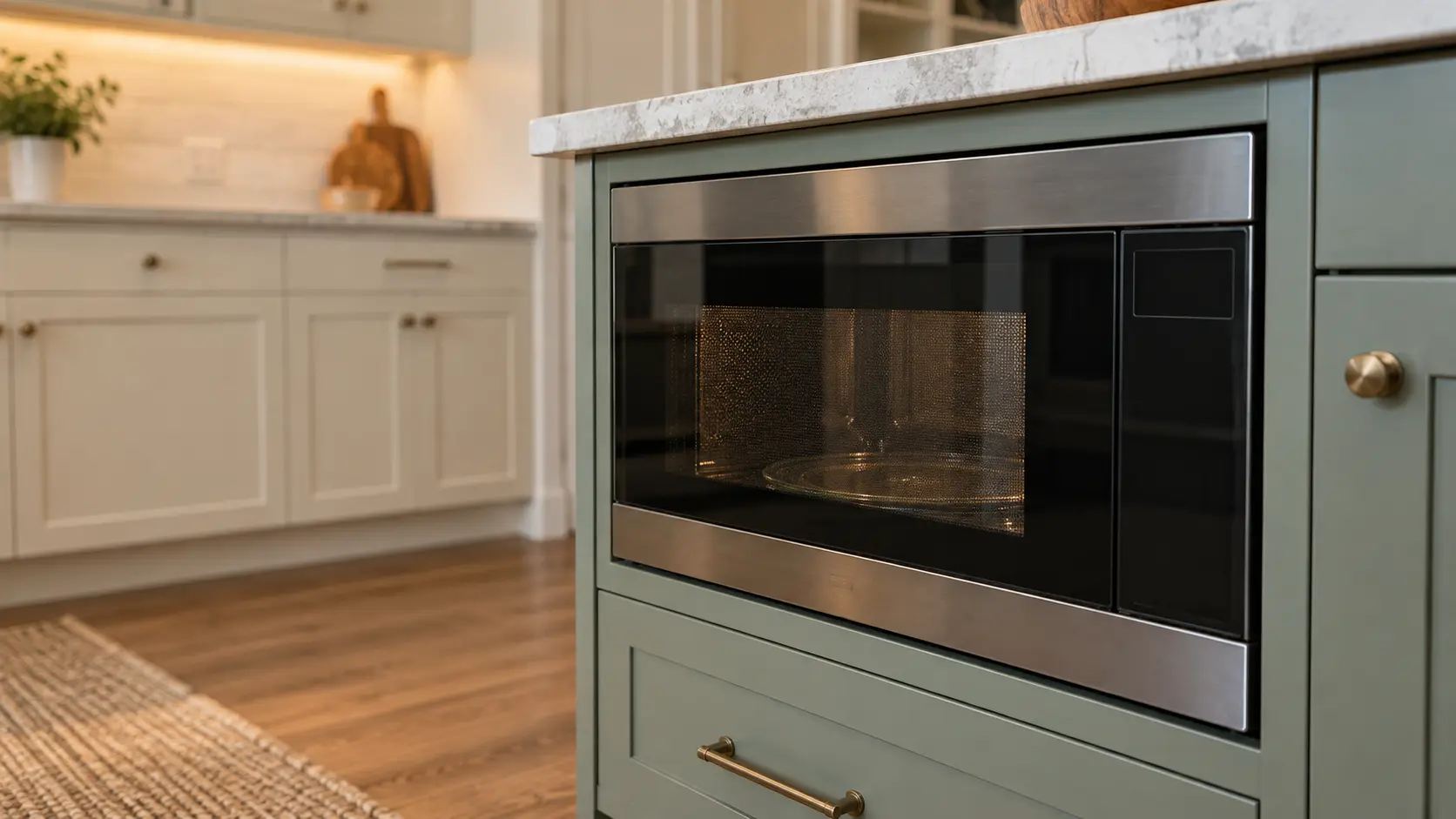 A kitchen island with a microwave drawer and sage green cabinets, seen close and low at the microwave's door.