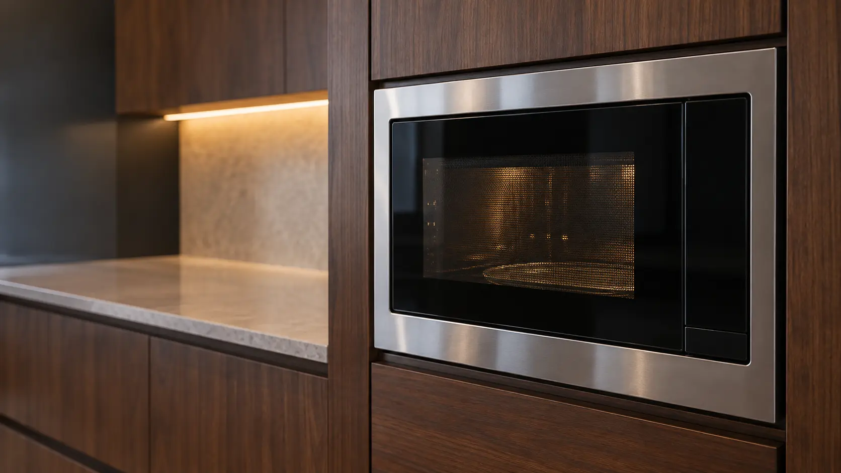 A kitchen with a built-in microwave in a tall cabinet and dark walnut cabinets, seen close and low at the microwave's door.