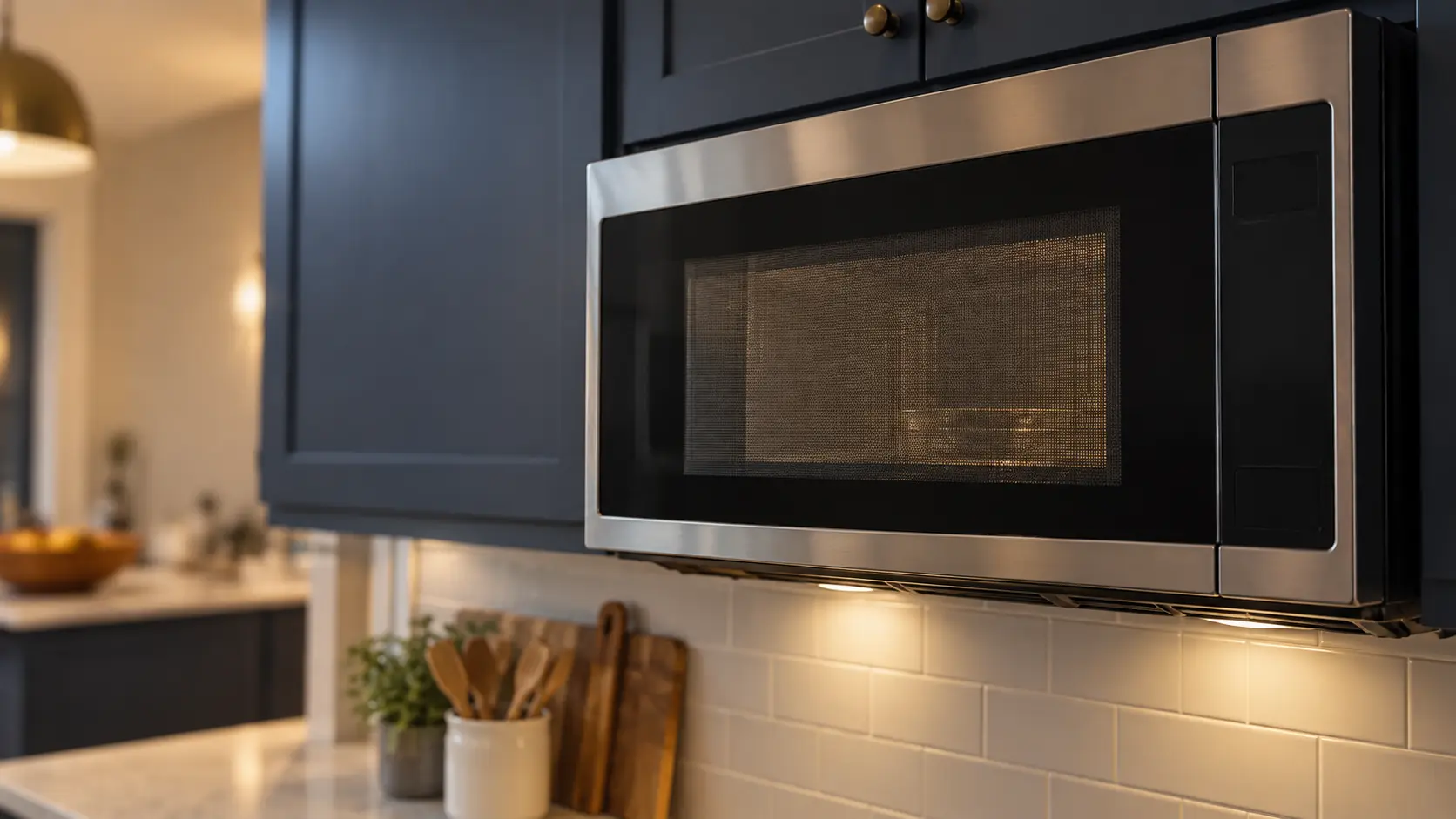 A kitchen with a microwave hood combination under wall cabinets and navy painted cabinets, seen close and low at the microwave's door.