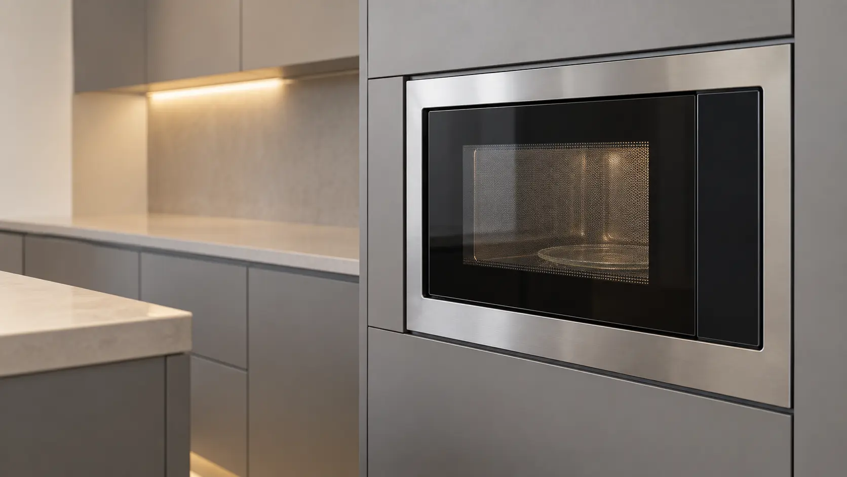 A kitchen with a built-in microwave in a tall cabinet and gray slab cabinets, seen close and low at the microwave's door.