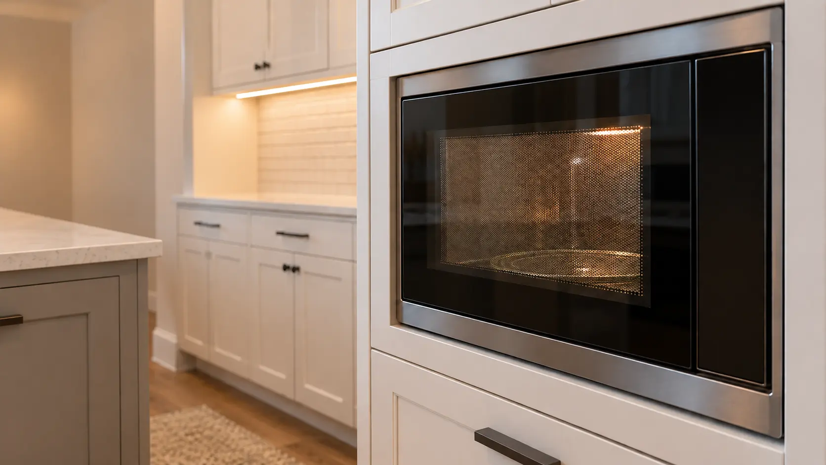 A kitchen with a built-in microwave in a tall cabinet and white shaker cabinets, seen close and low at the microwave's door.