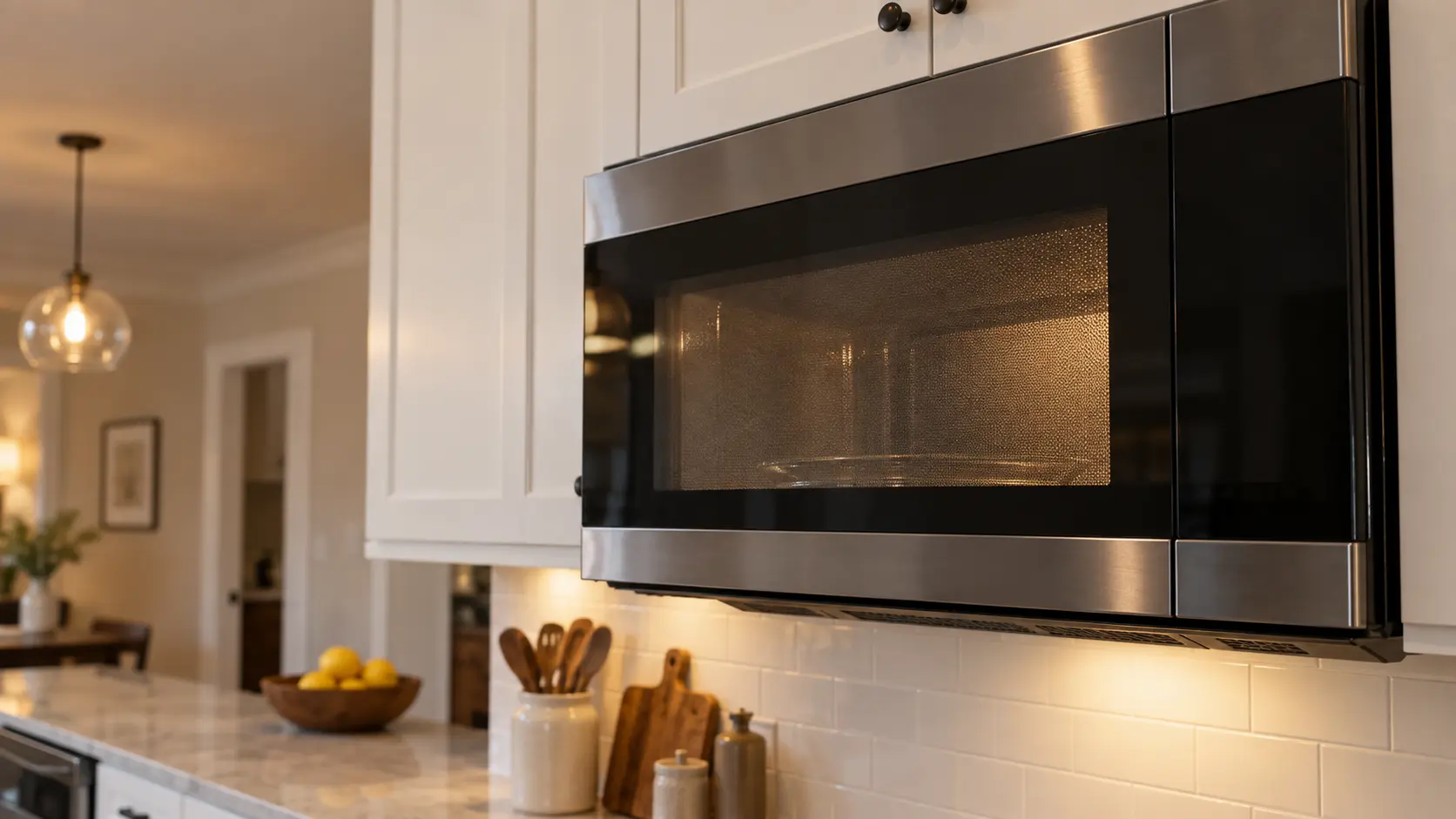 A kitchen with a microwave hood combination under wall cabinets and white shaker cabinets, seen close and low at the microwave's door.