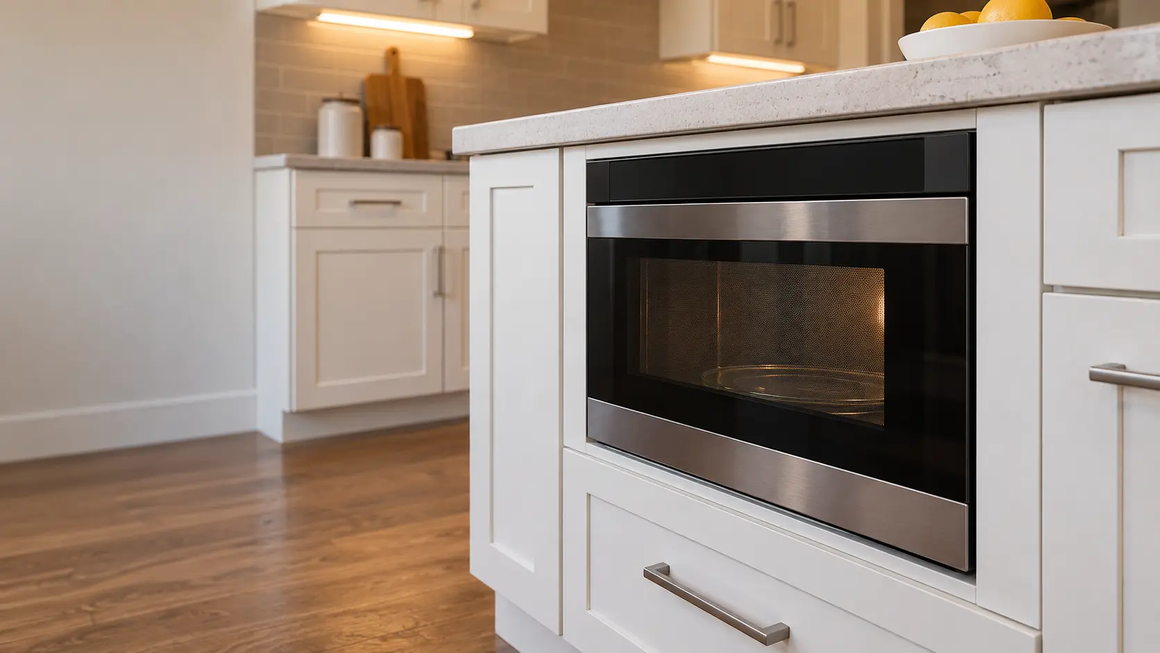 A kitchen island with a microwave drawer and white shaker cabinets, seen close and low at the microwave's door.
