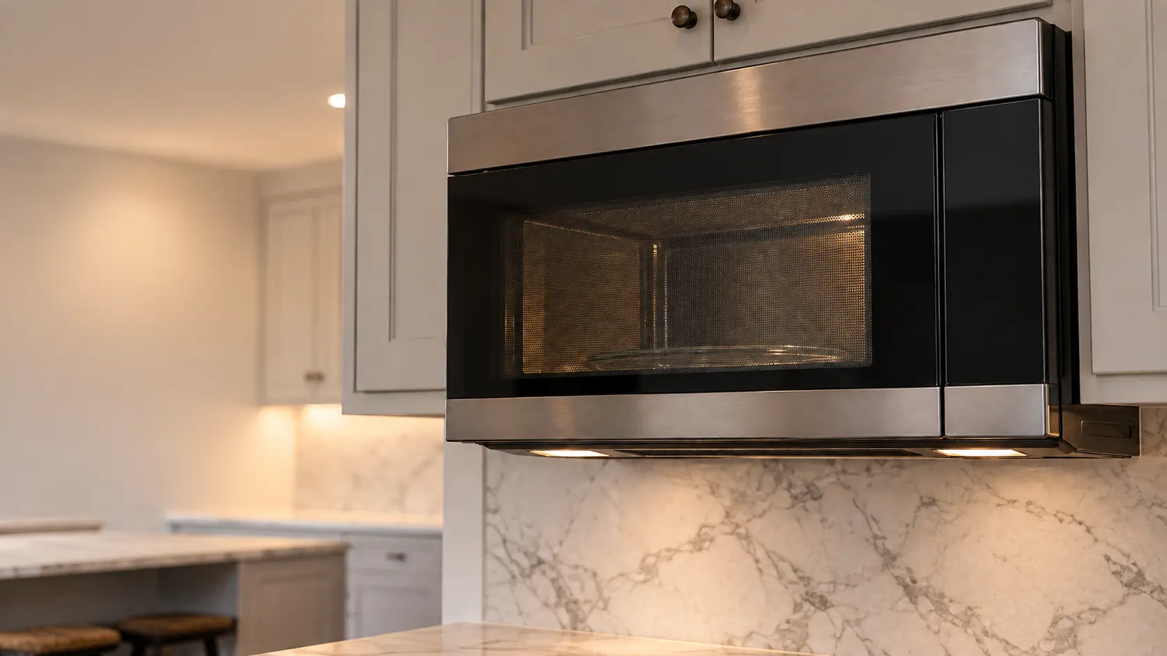 A kitchen with a microwave hood combination under wall cabinets and a marble backsplash, seen close and low at the microwave's door.