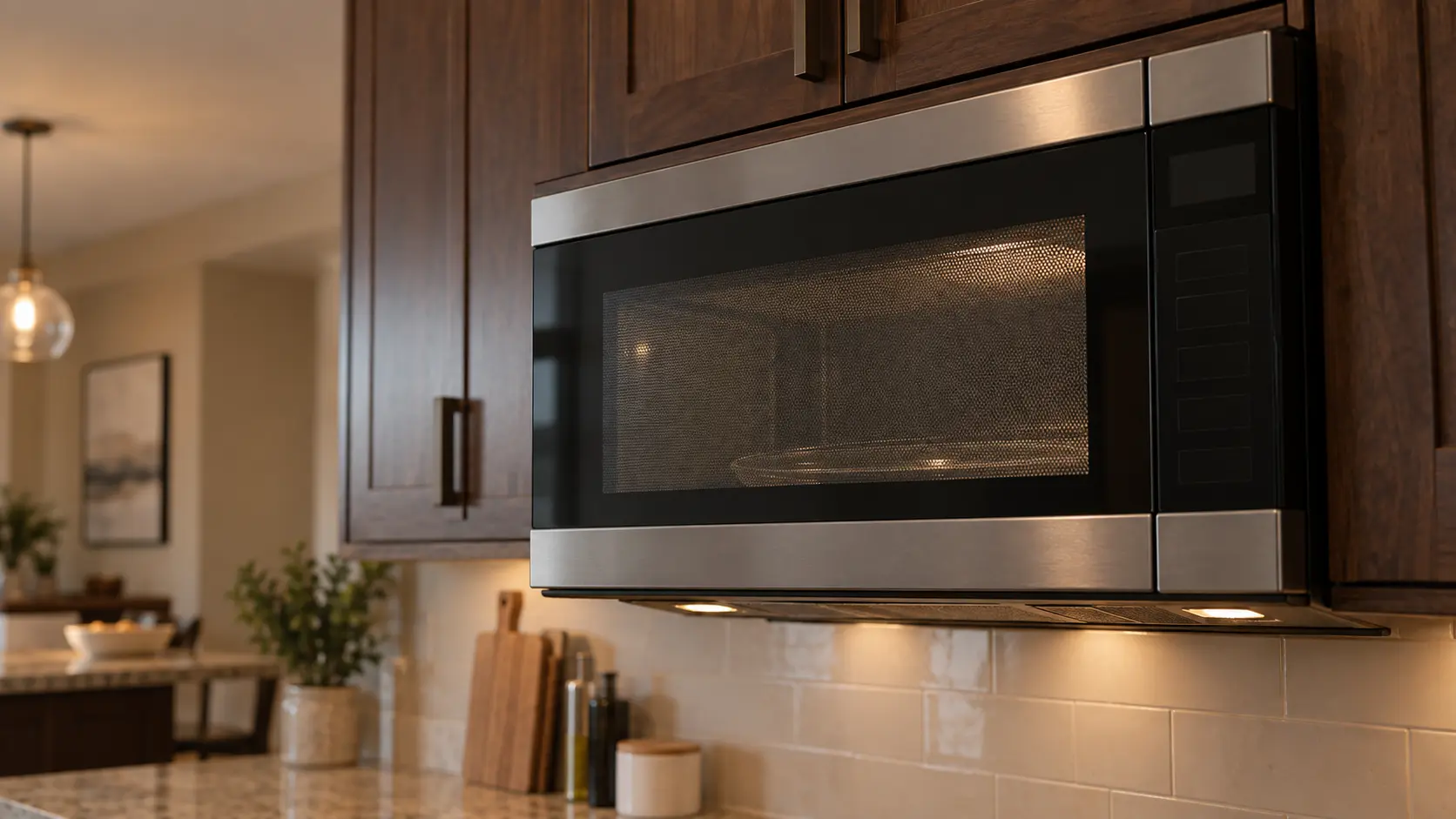 A kitchen with a microwave hood combination under wall cabinets and dark walnut cabinets, seen close and low at the microwave's door.