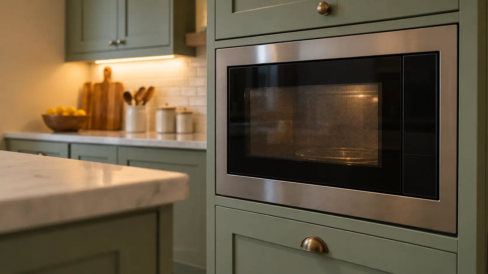 A kitchen with a built-in microwave in a tall cabinet and sage green cabinets, seen close and low at the microwave's door.