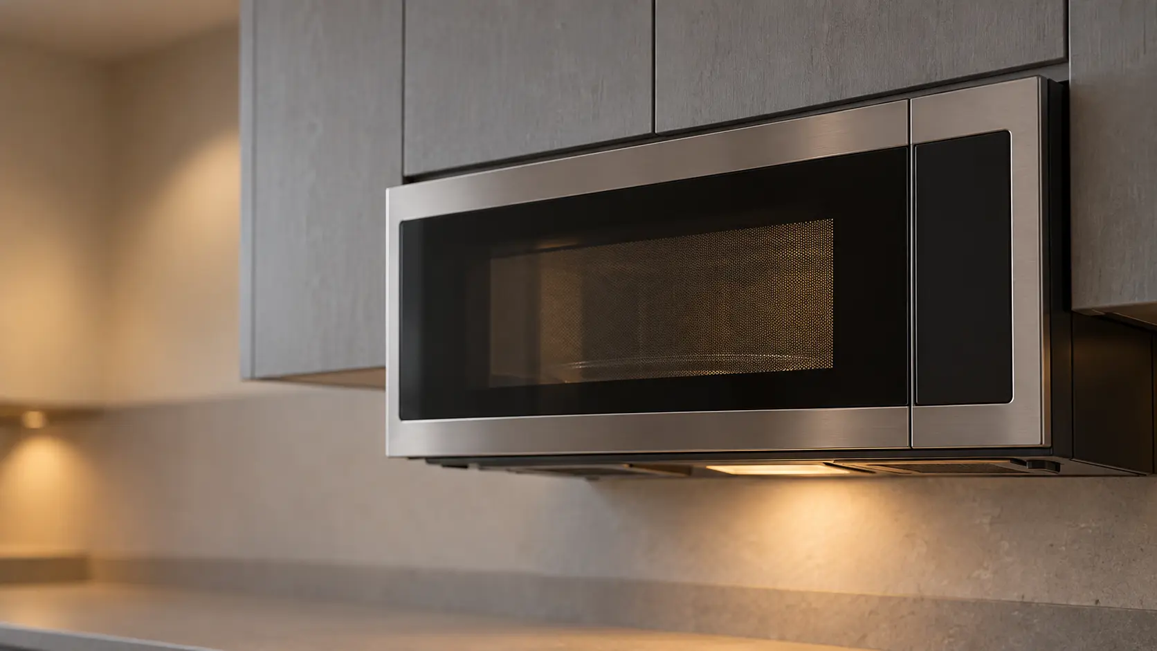 A kitchen with a microwave hood combination under wall cabinets and gray slab cabinets, seen close and low at the microwave's door.