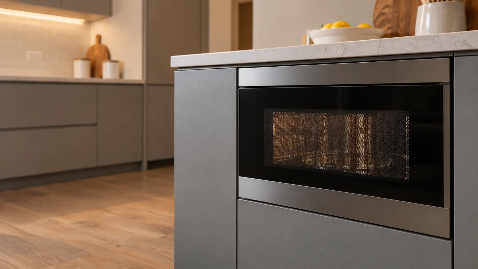A kitchen island with a microwave drawer and gray slab cabinets, seen close and low at the microwave's door.