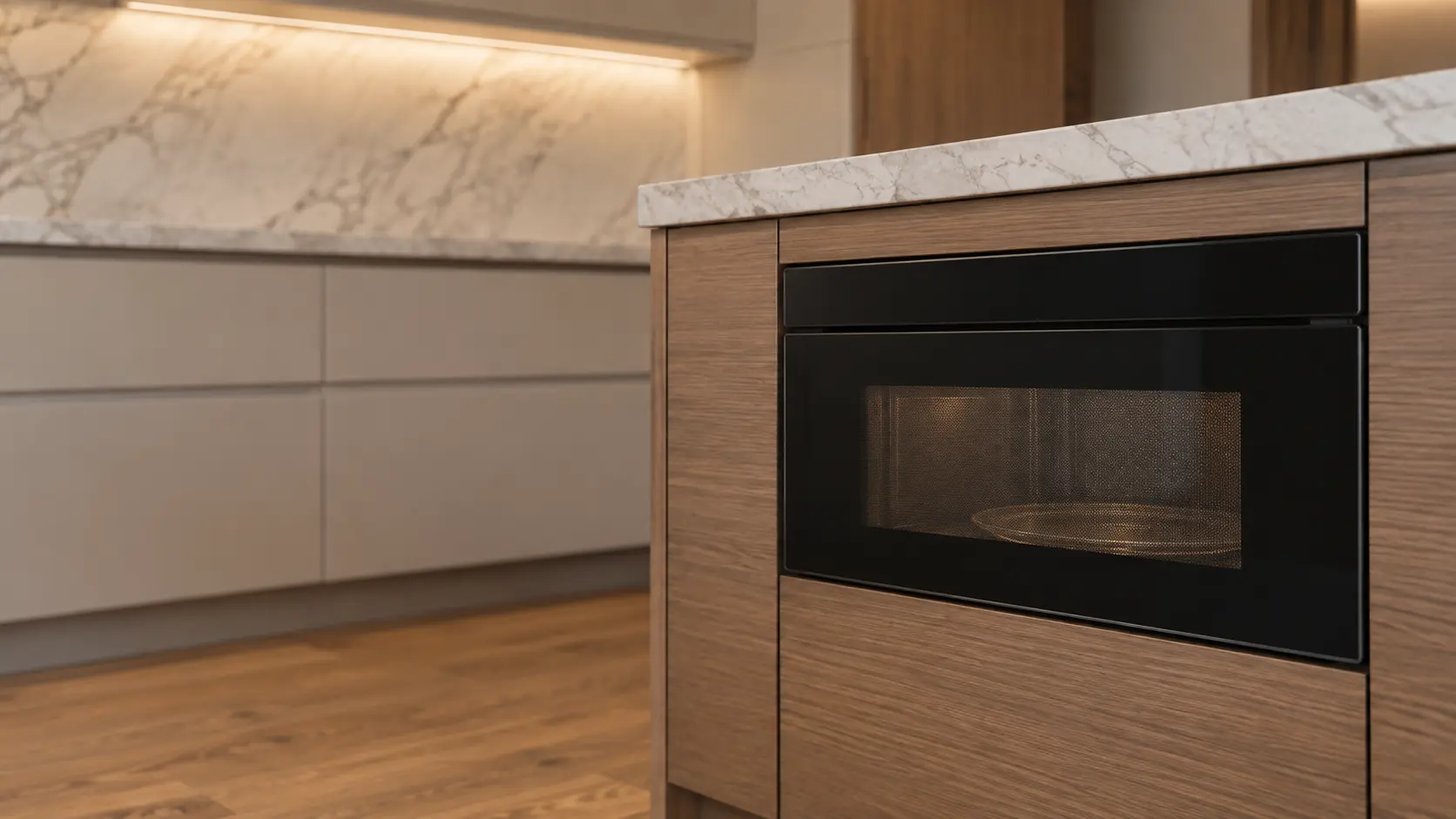 A kitchen island with a microwave drawer and a marble backsplash, seen close and low at the microwave's door.
