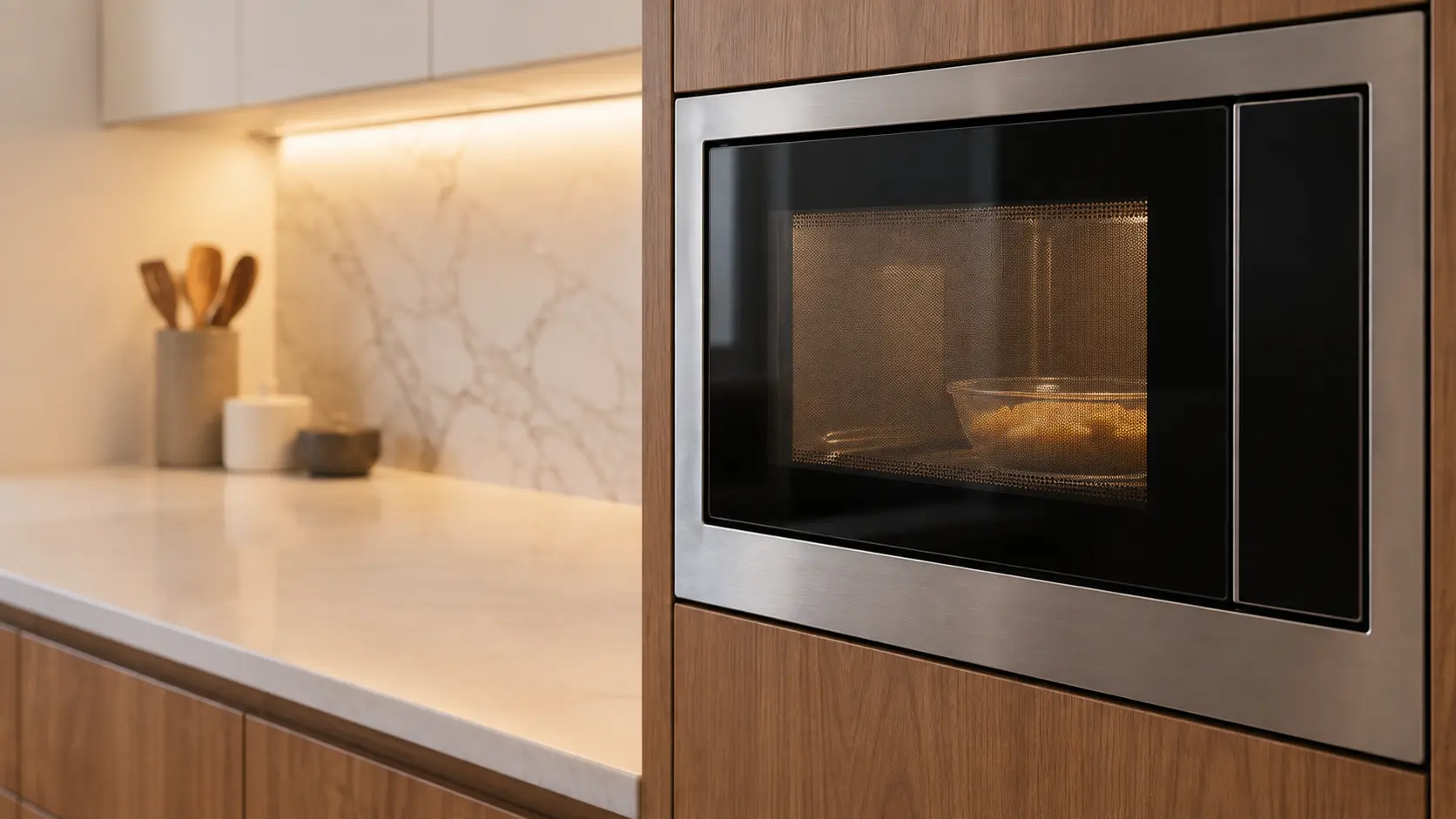 A kitchen with a built-in microwave in a tall cabinet and a marble backsplash, seen close and low at the microwave's door.