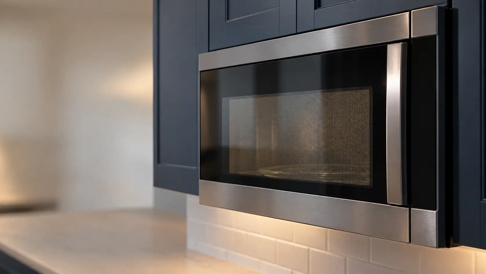 A kitchen with a microwave hood combination under wall cabinets and navy painted cabinets, seen close and low at the microwave's door.