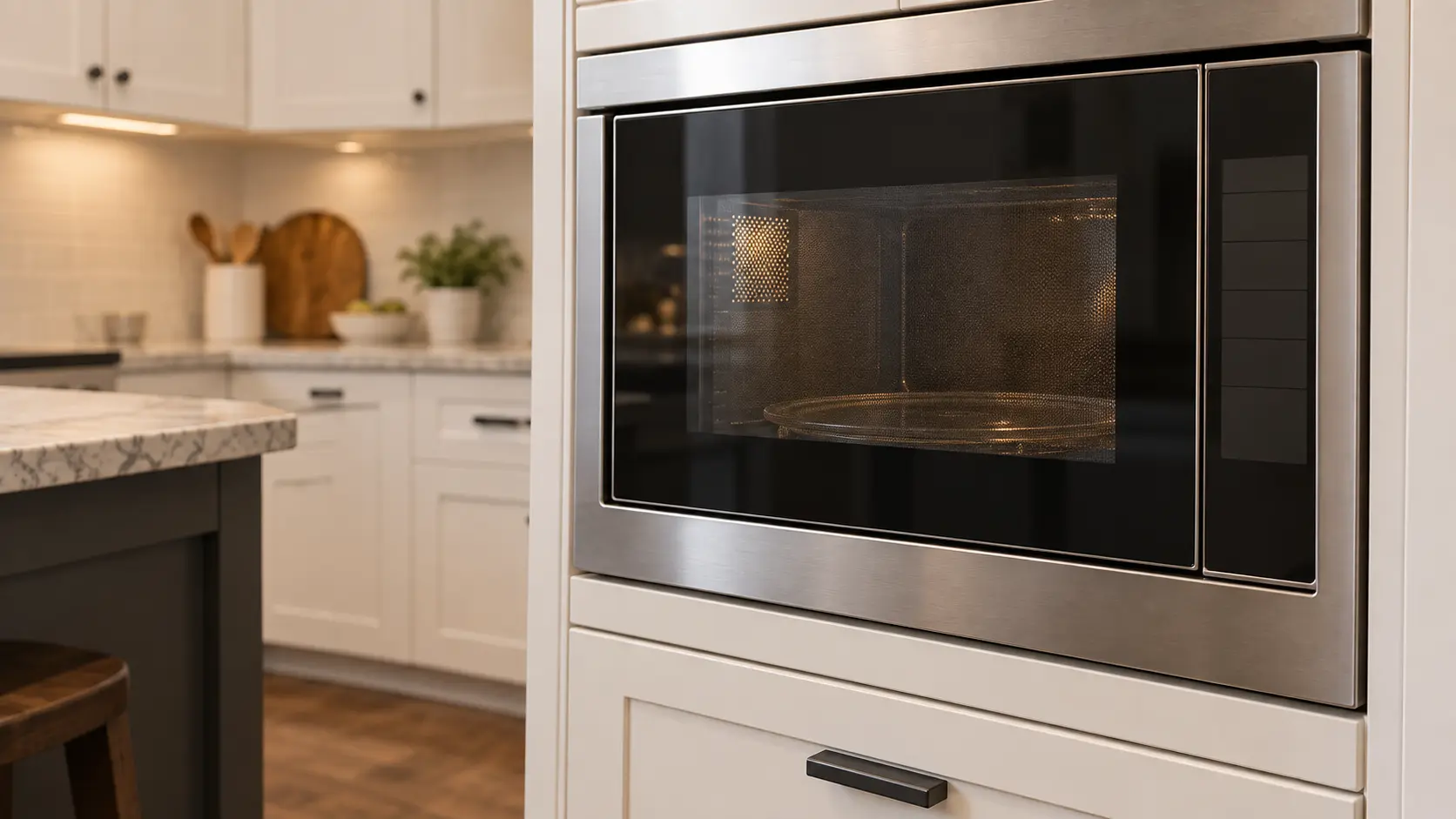 A kitchen with a built-in microwave in a tall cabinet and white shaker cabinets, seen close and low at the microwave's door.