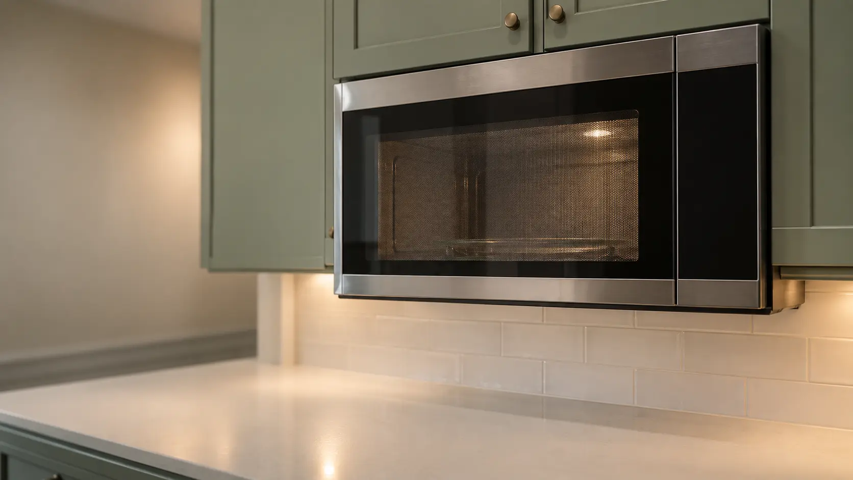 A kitchen with a microwave hood combination under wall cabinets and sage green cabinets, seen close and low at the microwave's door.