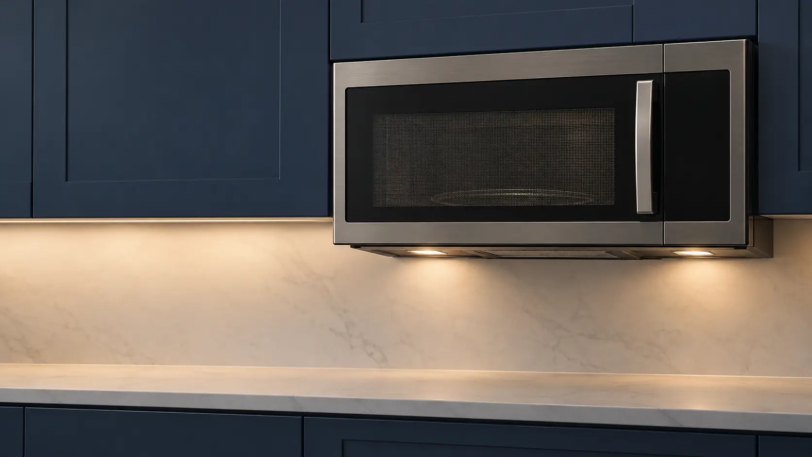 A kitchen with a microwave hood combination under wall cabinets and navy painted cabinets, seen close and low at the microwave's door.