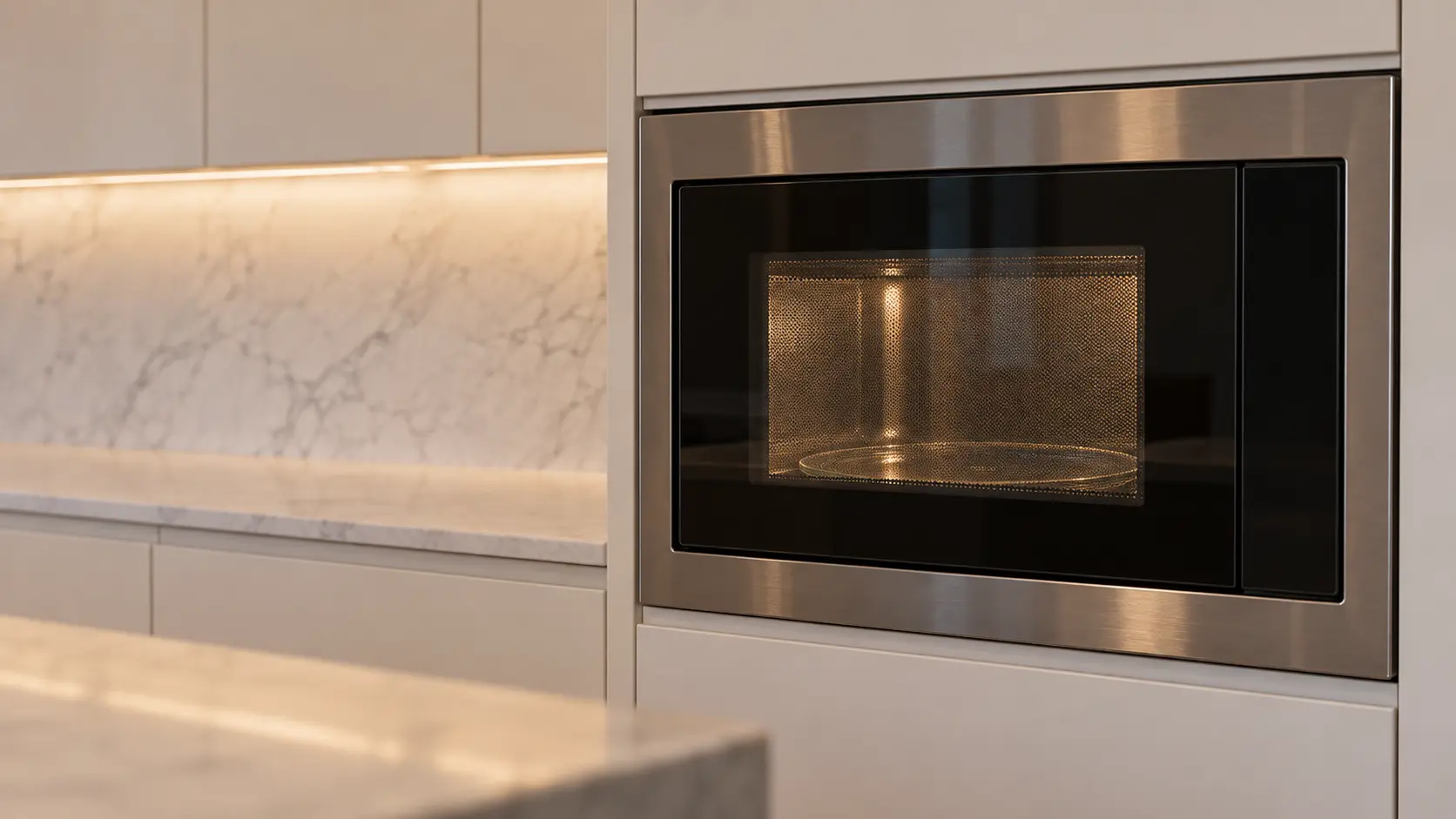 A kitchen with a built-in microwave in a tall cabinet and a marble backsplash, seen close and low at the microwave's door.