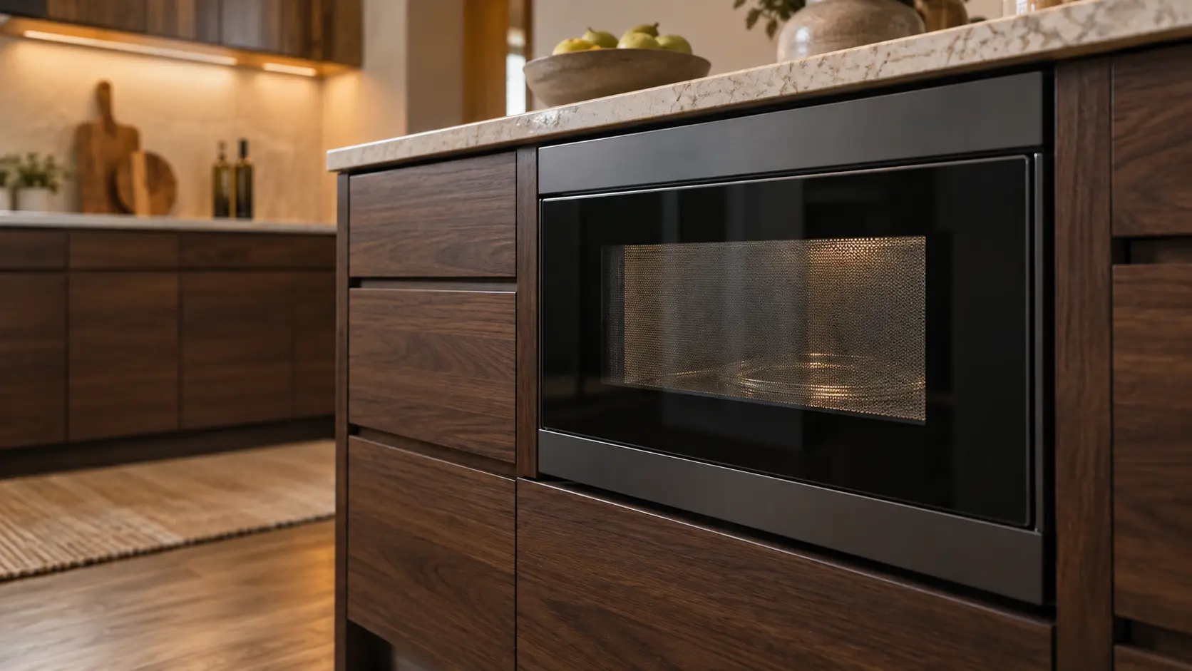 A kitchen island with a microwave drawer and dark walnut cabinets, seen close and low at the microwave's door.