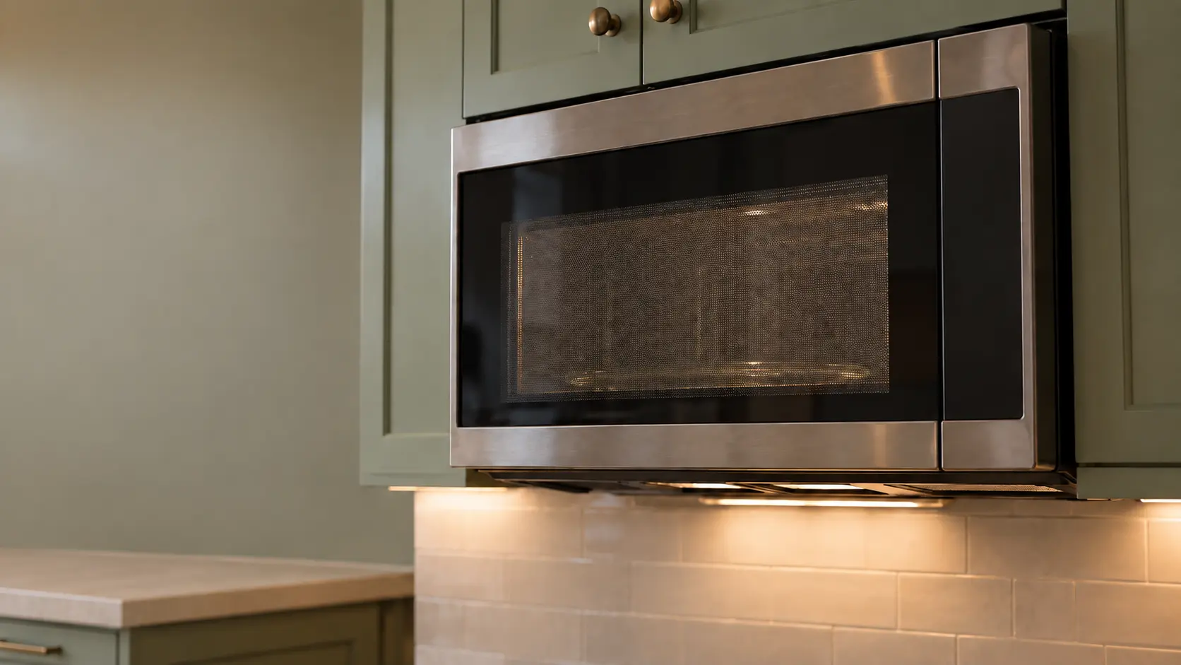 A kitchen with a microwave hood combination under wall cabinets and sage green cabinets, seen close and low at the microwave's door.