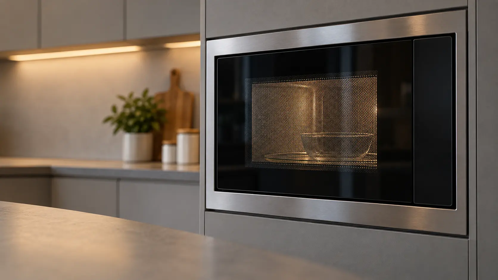 A kitchen with a built-in microwave in a tall cabinet and gray slab cabinets, seen close and low at the microwave's door.