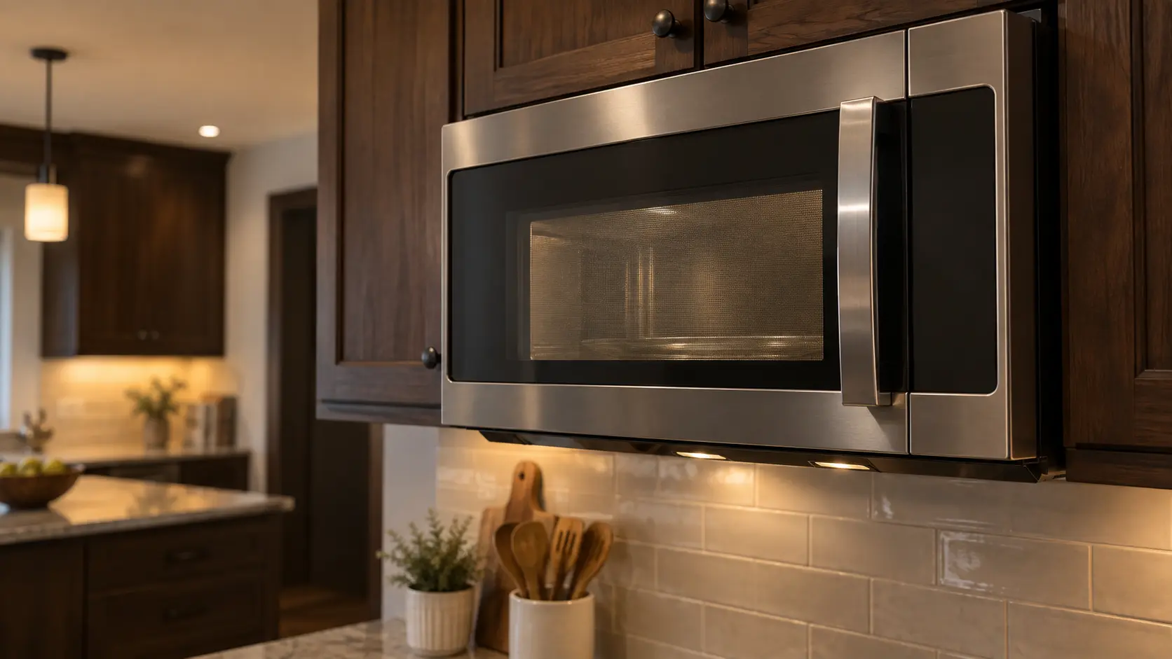 A kitchen with a microwave hood combination under wall cabinets and dark walnut cabinets, seen close and low at the microwave's door.