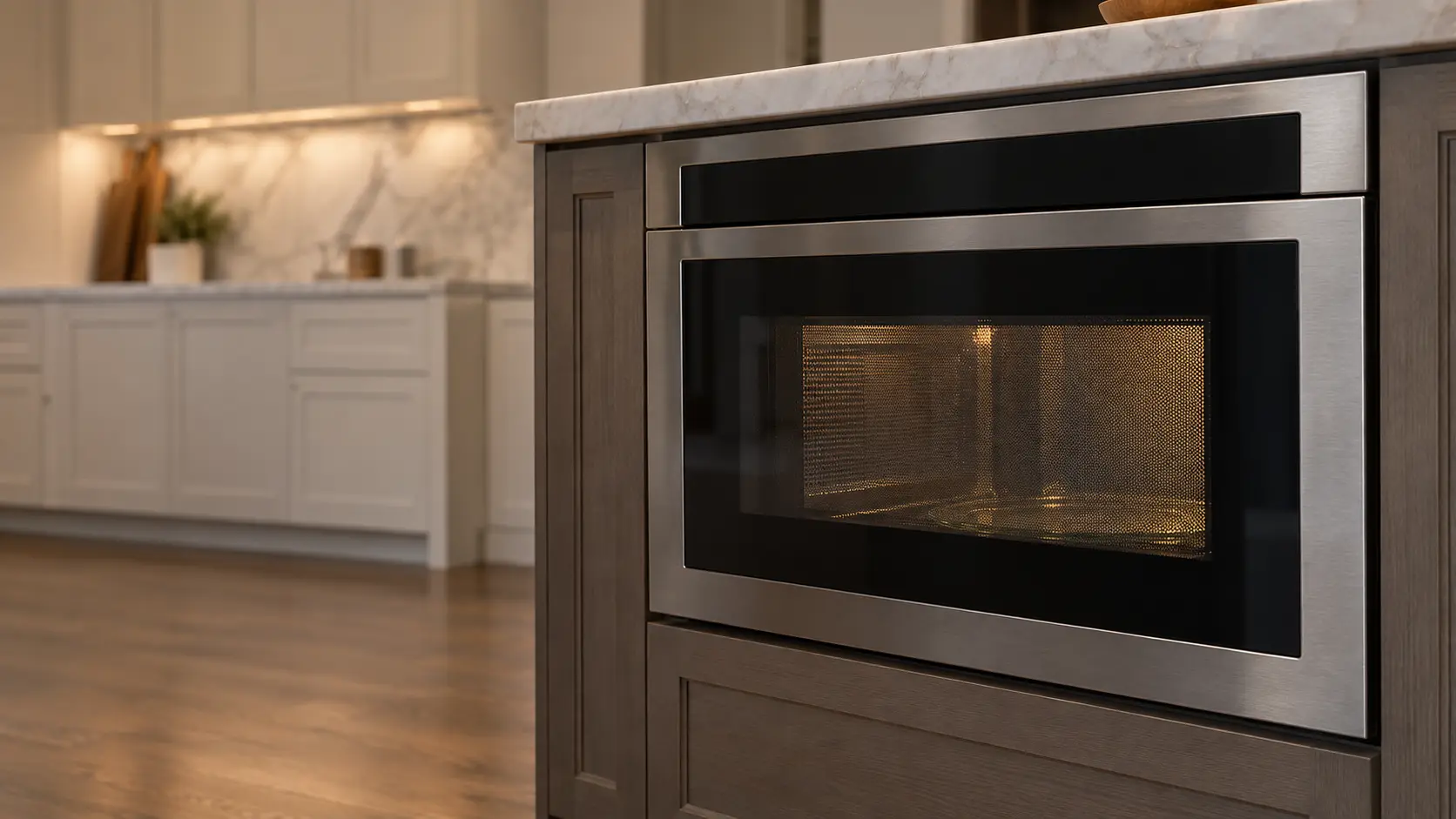 A kitchen island with a microwave drawer and a marble backsplash, seen close and low at the microwave's door.