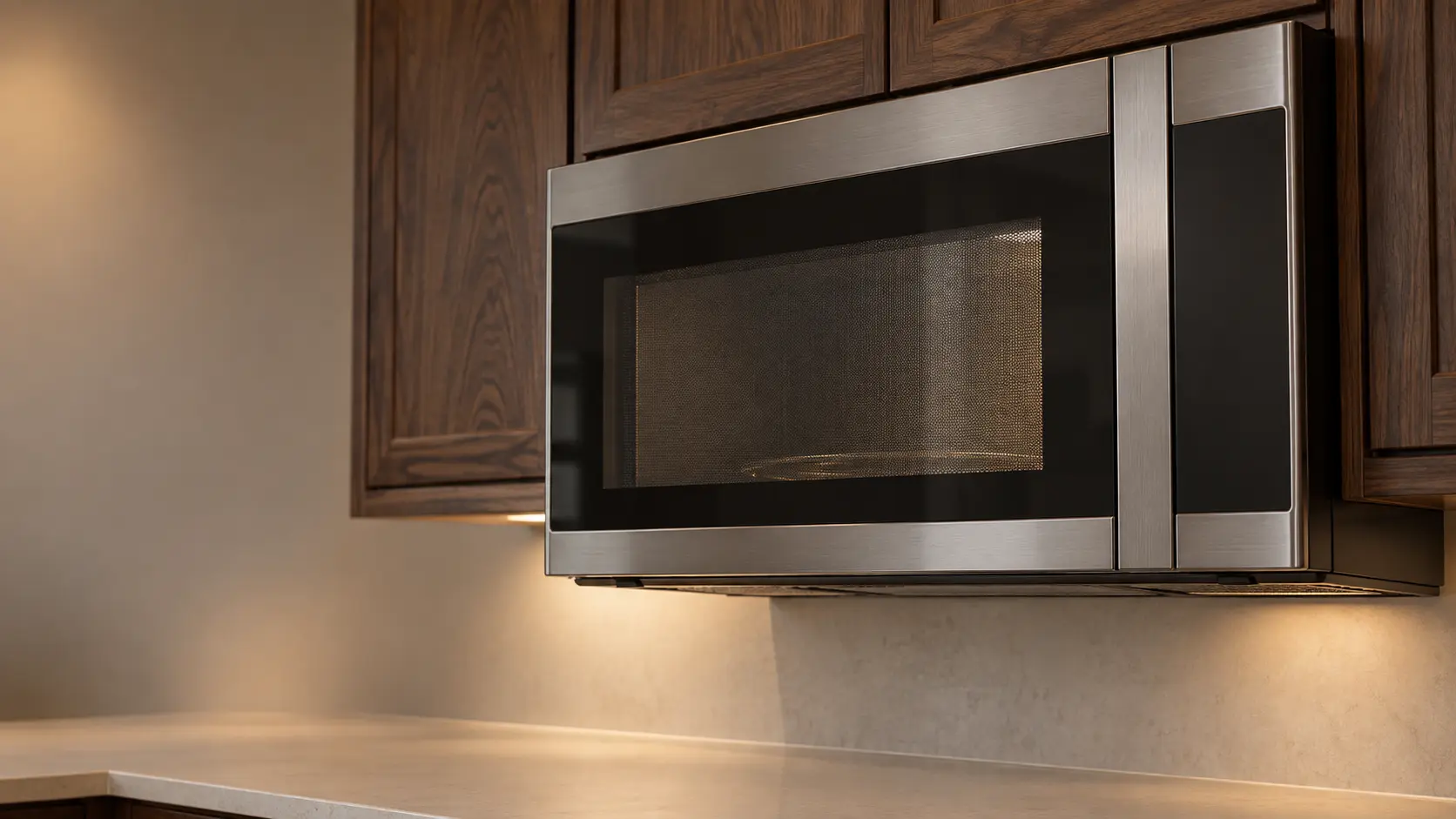 A kitchen with a microwave hood combination under wall cabinets and dark walnut cabinets, seen close and low at the microwave's door.