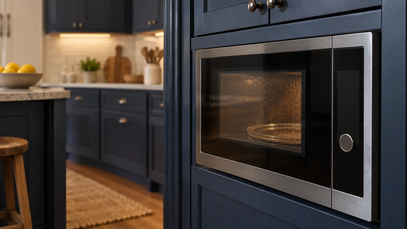 A kitchen with a built-in microwave in a tall cabinet and navy painted cabinets, seen close and low at the microwave's door.