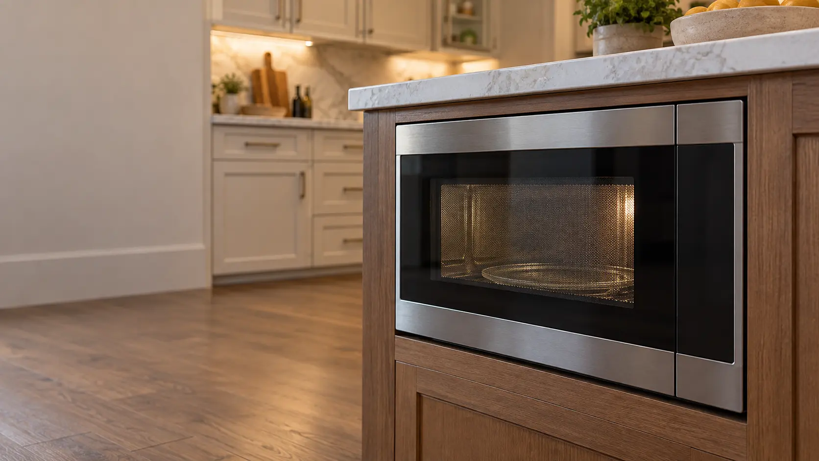 A kitchen island with a microwave drawer and a marble backsplash, seen close and low at the microwave's door.