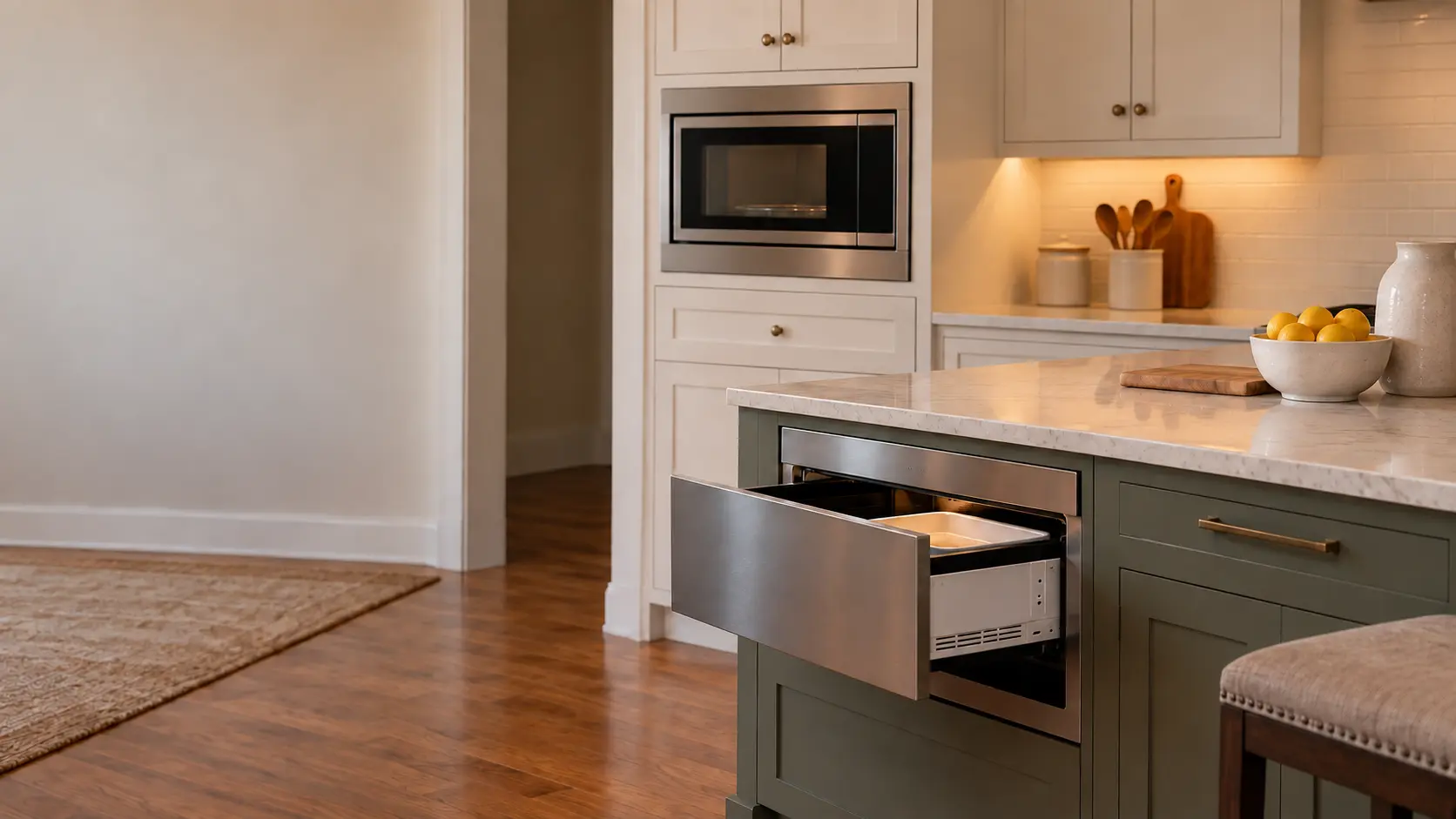 A built-in microwave in a tall cabinet and a microwave drawer in the island of one kitchen.