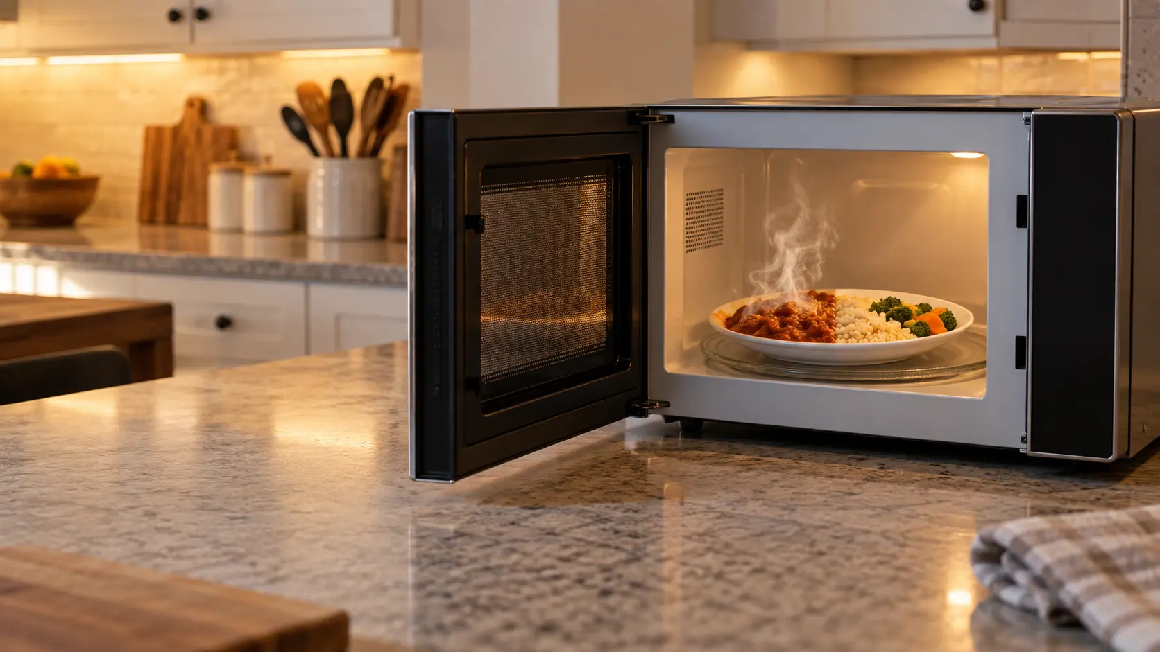 A plate of food on the turntable of an open microwave, one half steaming and the other not.