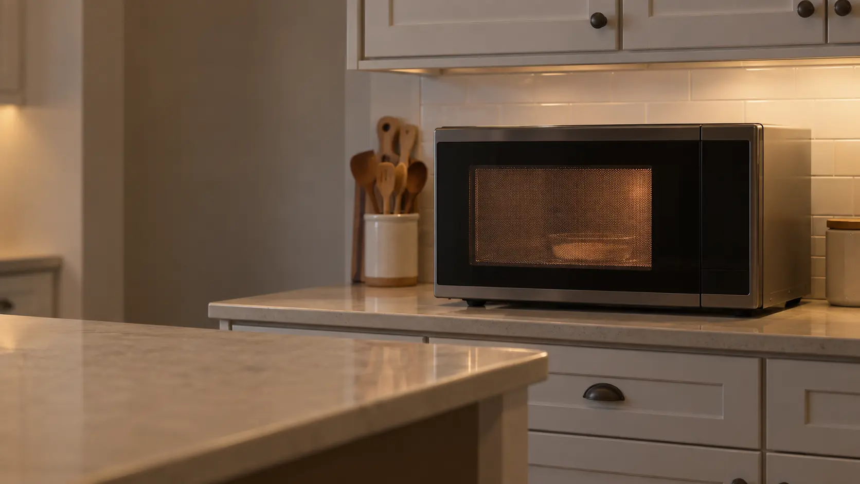 A closed microwave with a faint glow behind its mesh window, the kitchen empty and nobody near it.