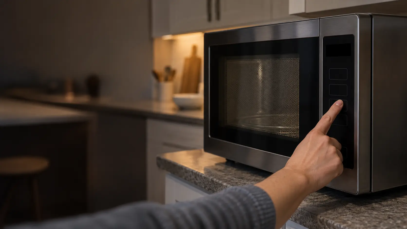 A finger pressing a key on the touch keypad of a microwave, the display dark.