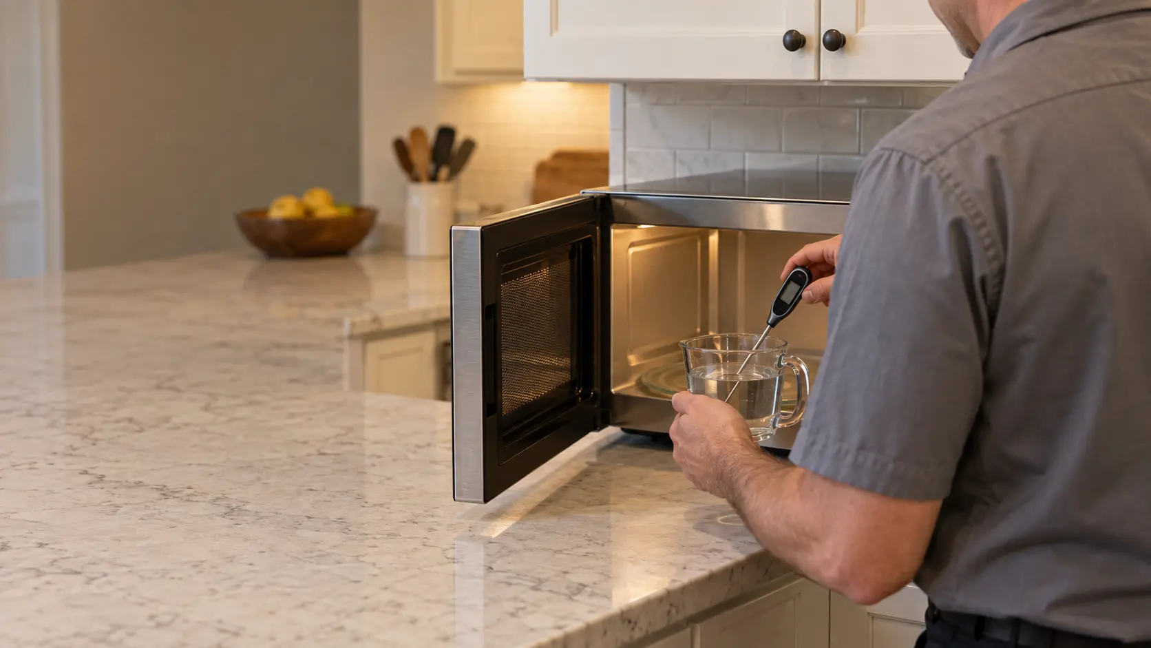 A technician in a plain gray work shirt stands at a stainless countertop microwave on a kitchen counter in a US home, reading a digital probe thermometer in a clear glass measuring cup of water he has just taken out of the open microwave, the microwave's glass turntable visible inside.