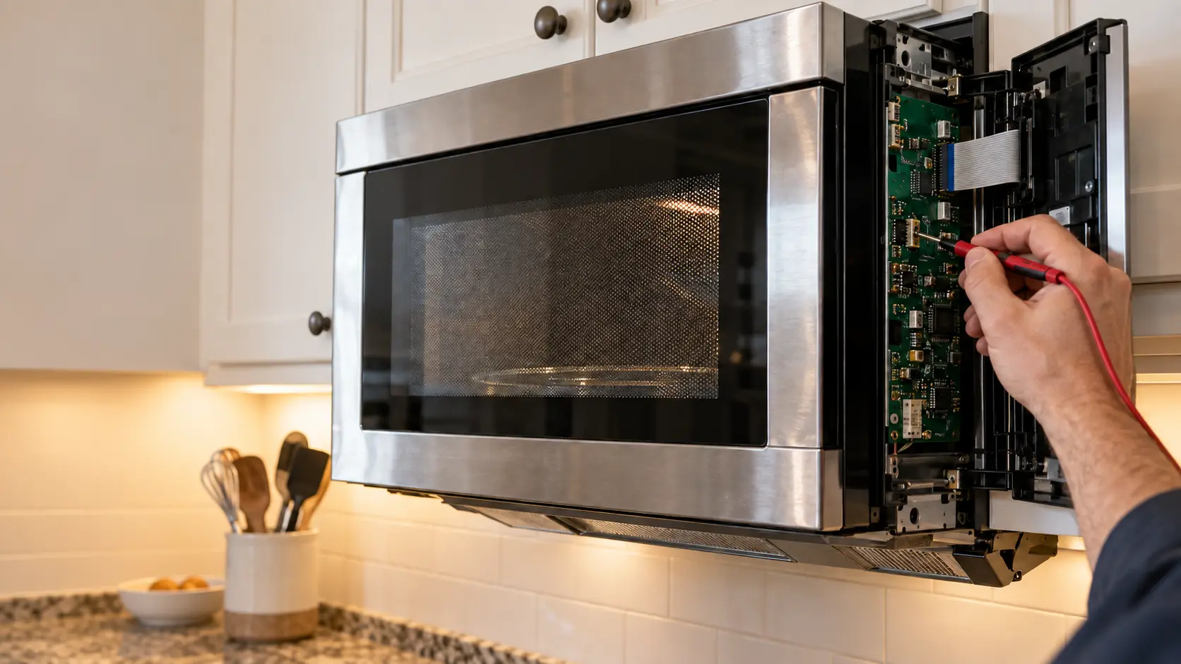 A close view of the control panel of a stainless microwave hood combination mounted under white cabinets in a US kitchen, the panel of the microwave hinged forward to show a green circuit board and a flat ribbon cable, a technician's hand holding a small meter probe on the board, the display blank.