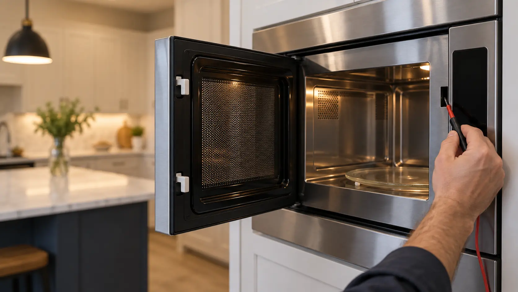 A close view of the open side-hinged door of a stainless built-in microwave in a US kitchen, the microwave door's mesh window and its two white latch hooks sharp in the foreground, a technician's hand holding a small meter probe near the latch slot in the microwave's frame.