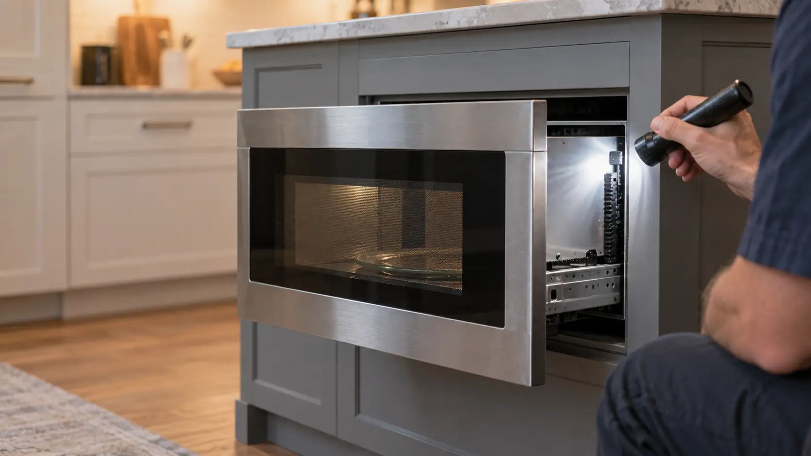 A close view of a stainless microwave drawer drawn partway out of a gray kitchen island base cabinet in a US home, the side of the microwave drawer showing a black plastic toothed rack and a metal slide, a technician's hand holding a flashlight into the gap beside the microwave.
