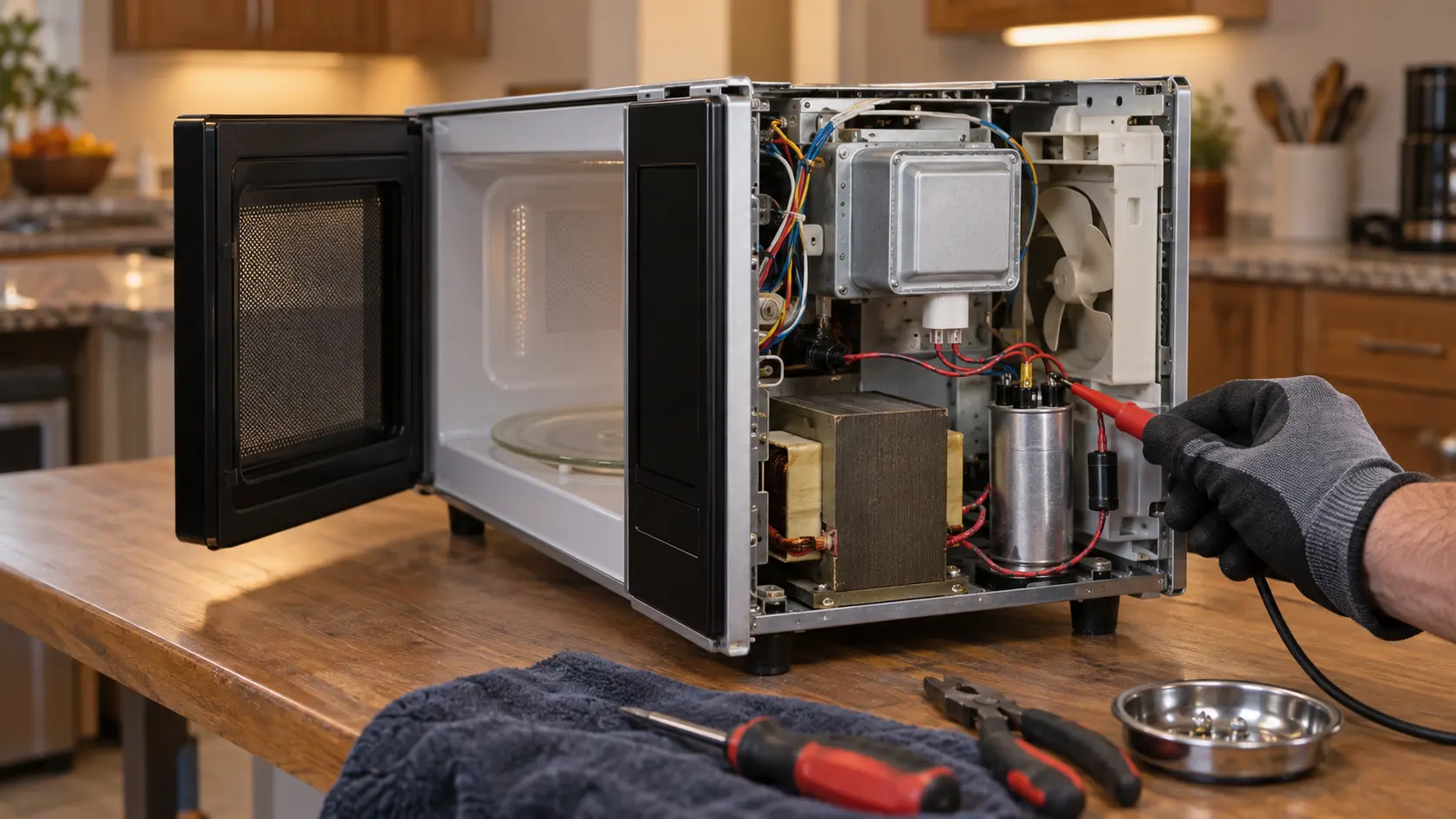 A close view inside an opened microwave on a workbench in a US home, the microwave's outer cabinet removed, showing a heavy transformer, a silver cylindrical capacitor and a small diode with plain wires, a technician's gloved hand holding an insulated discharge tool with a rubber grip a short distance from the capacitor.