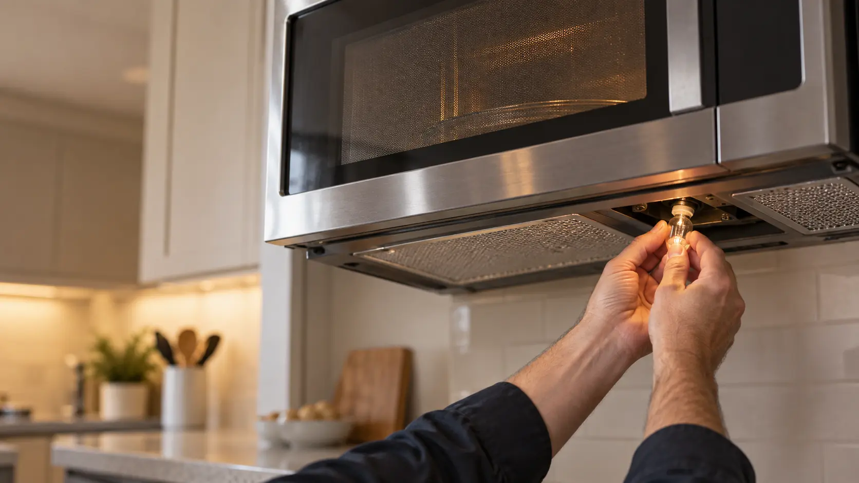 A close view of the underside of a stainless microwave hood combination mounted under wall cabinets in a US kitchen, the small lens cover beside the microwave's grease filters removed and a technician's fingers fitting a new bulb into the lamp socket, the burners below cropped out of the frame.