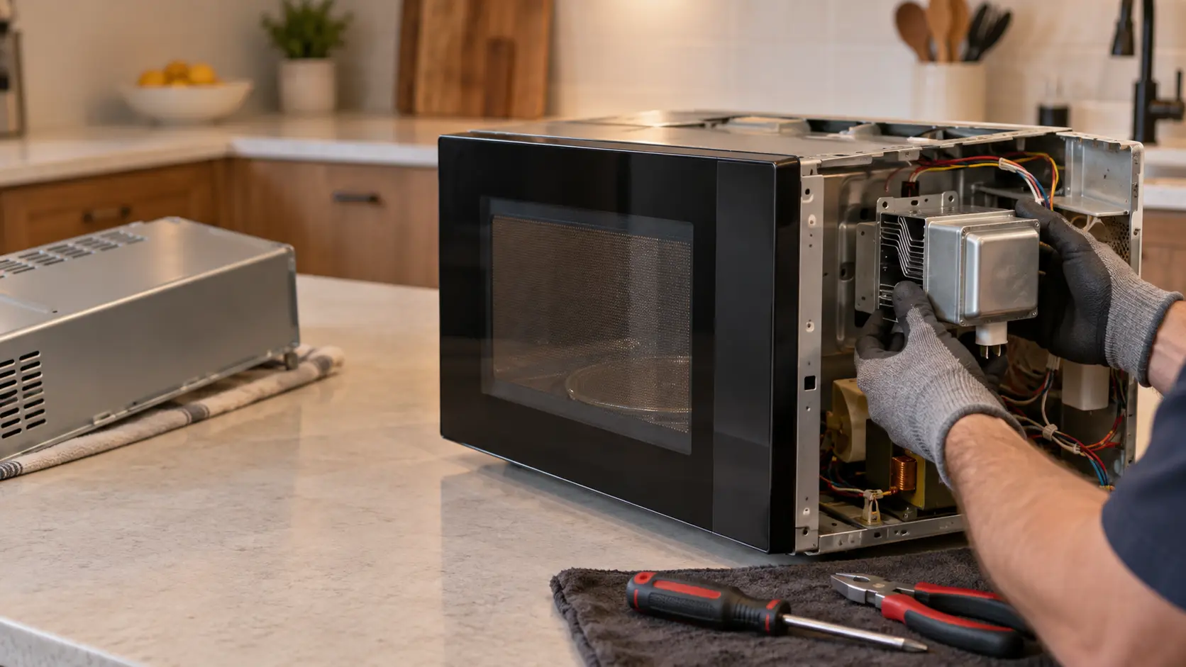 A close view of an opened microwave on a workbench in a US home garage, the outer metal cabinet of the microwave set aside, a technician's gloved hands lifting a new silver magnetron with cooling fins into place beside the microwave's cavity wall.