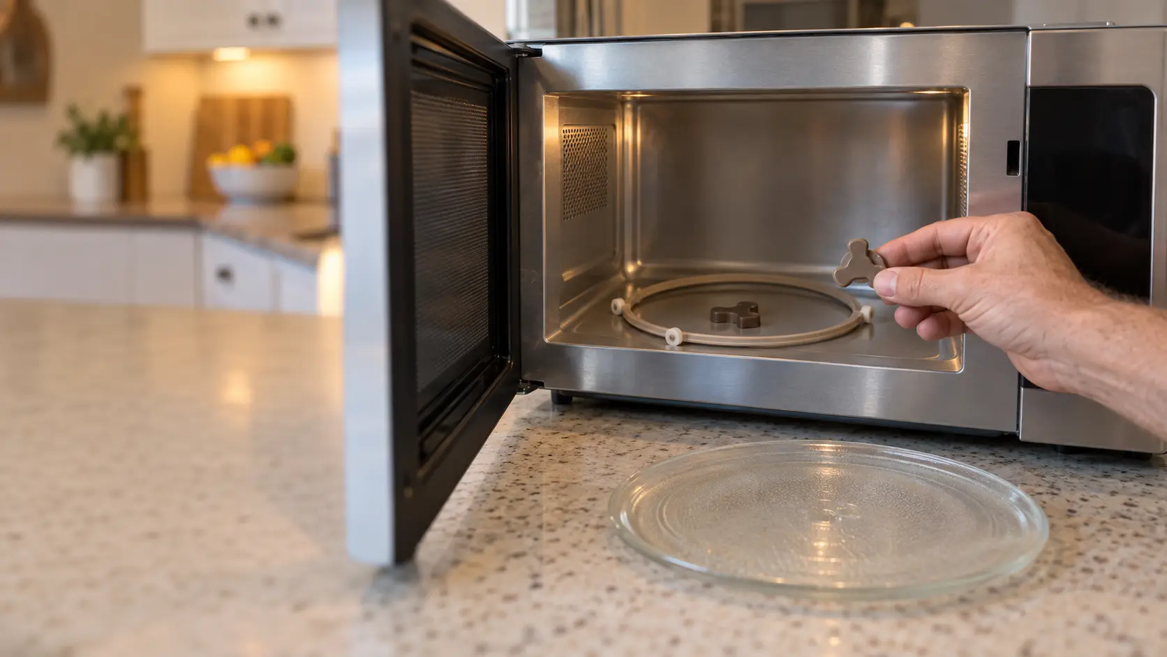 A close view into the open cavity of a stainless countertop microwave in a US kitchen, the glass turntable lifted out and resting on the counter beside the microwave, the plastic roller ring and the small three-lobed coupler at the center of the microwave's floor in sharp focus, a technician's hand holding a new coupler.