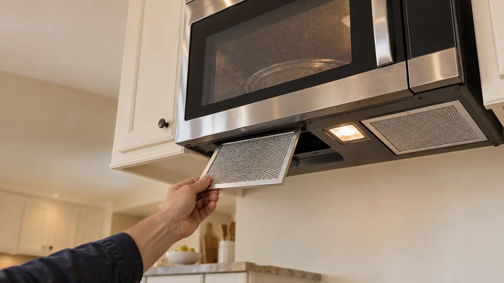 A view from below of a stainless microwave hood combination mounted under wall cabinets in a US kitchen, one of the microwave's mesh grease filters slid out and held in a technician's hand, the second filter still in place beside the small lamp on the underside of the microwave, the cooking surface below cropped out of the frame.