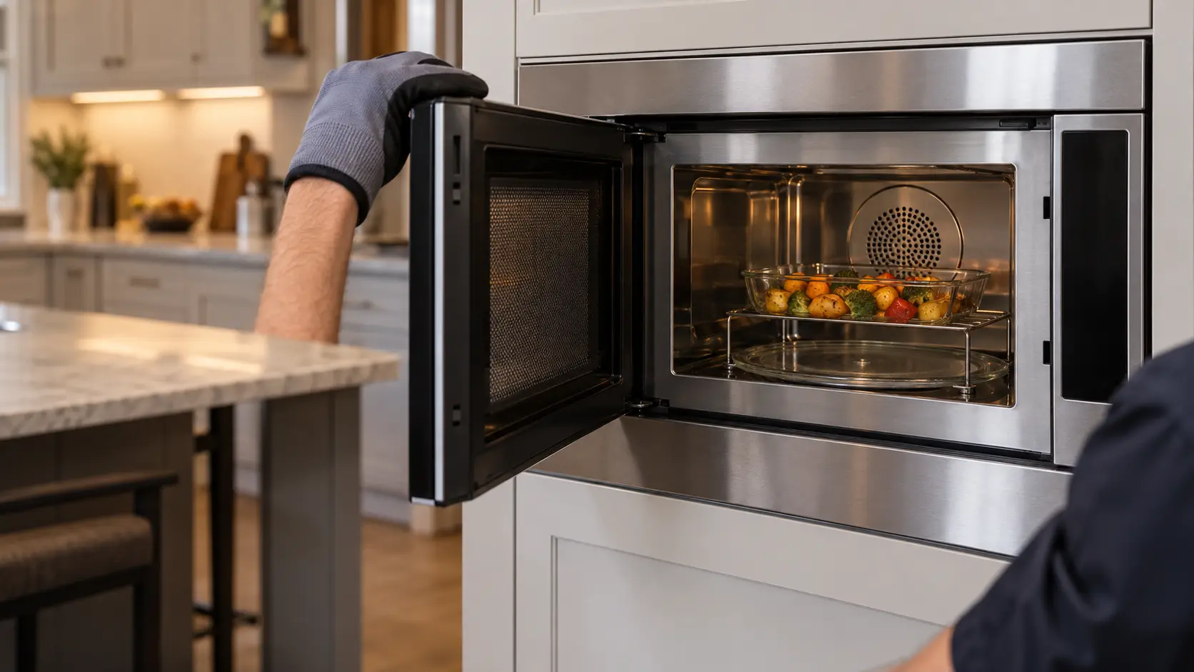A stainless built-in convection microwave in a tall cabinet in a US kitchen, the microwave's door open to show a metal rack with a plain glass baking dish of golden roasted vegetables on it and a round convection fan cover on the rear wall of the microwave, a technician's gloved hand resting on the door.
