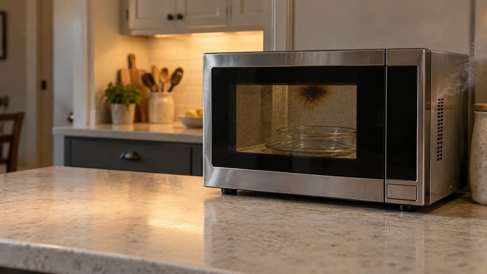A countertop stainless microwave on a kitchen counter, seen through its closed side-hinged door with a mesh window, a thin wisp of haze drifting from the vent slots on its side and a darkened brown patch on the cover panel inside the microwave cavity, a plain glass dish on the glass turntable.